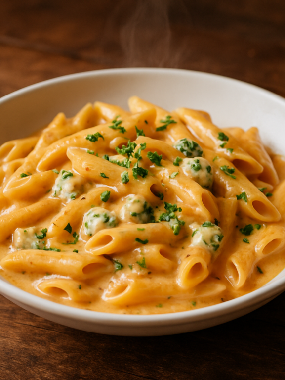 Macarrão penne ao queijo gorgonzola cremoso em prato branco com salsinha fresca