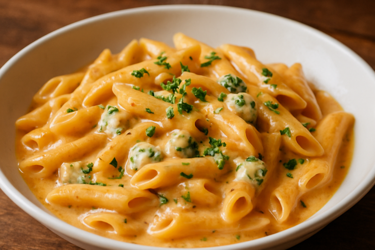 Macarrão penne ao queijo gorgonzola cremoso em prato branco com salsinha fresca