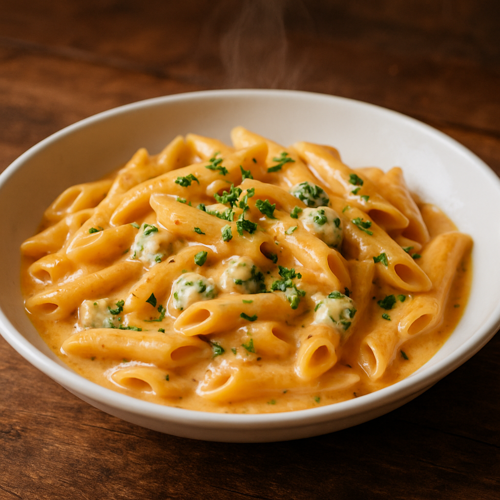 Macarrão penne ao queijo gorgonzola cremoso em prato branco com salsinha fresca