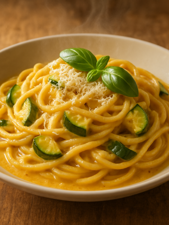 Macarronada com abobrinha cremosa servida em prato fundo com parmesão e manjericão