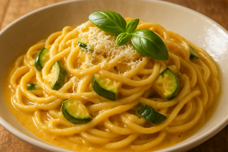 Macarronada com abobrinha cremosa servida em prato fundo com parmesão e manjericão