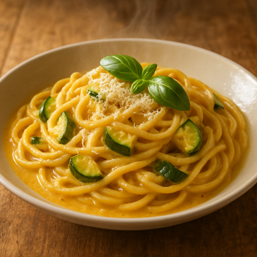 Macarronada com abobrinha cremosa servida em prato fundo com parmesão e manjericão