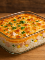 Maionese de arroz cremosa e gratinada em refratário de vidro, com peito de peru, ervilha, milho e salsinha