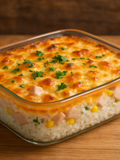 Maionese de arroz cremosa e gratinada em refratário de vidro, com peito de peru, ervilha, milho e salsinha