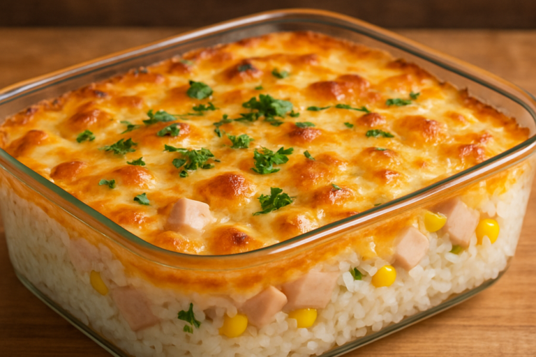 Maionese de arroz cremosa e gratinada em refratário de vidro, com peito de peru, ervilha, milho e salsinha