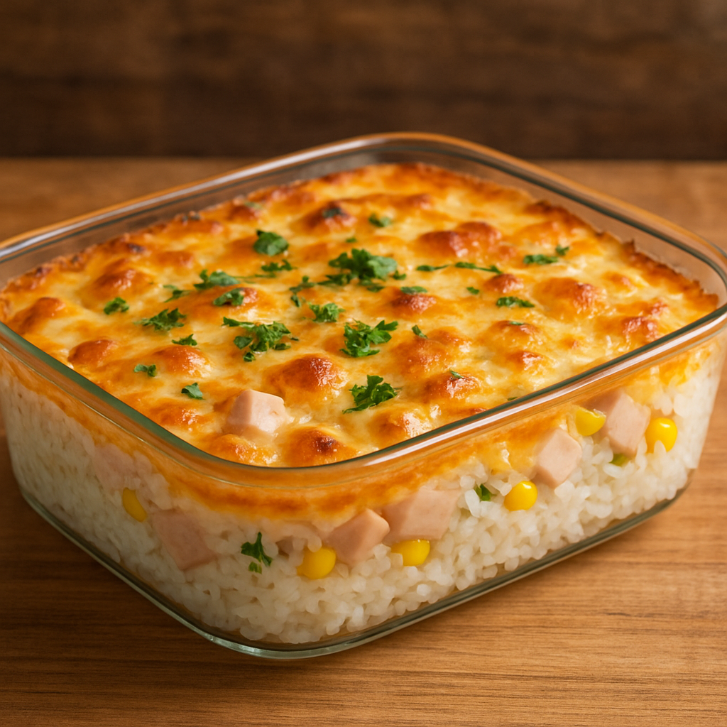 Maionese de arroz cremosa e gratinada em refratário de vidro, com peito de peru, ervilha, milho e salsinha