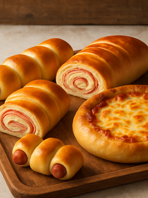 massa 3 em 1 para cachorro quente de forno, italiano e pizza, assados e dourados em bandeja rústica