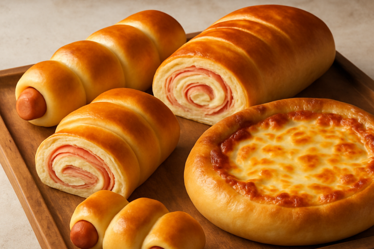 massa 3 em 1 para cachorro quente de forno, italiano e pizza, assados e dourados em bandeja rústica