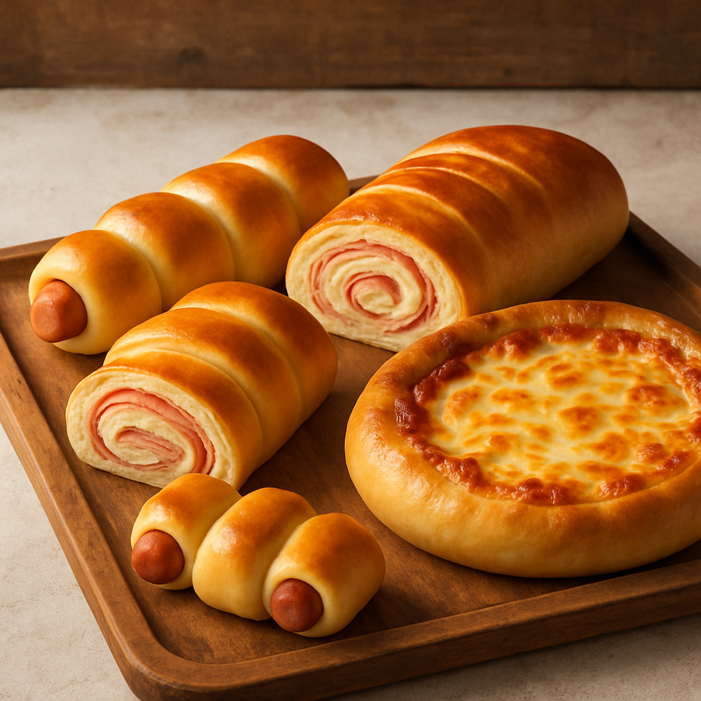 massa 3 em 1 para cachorro quente de forno, italiano e pizza, assados e dourados em bandeja rústica