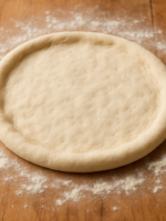 massa básica para pizza caseira aberta em disco sobre superfície enfarinhada, com bordas levantadas e textura elástica