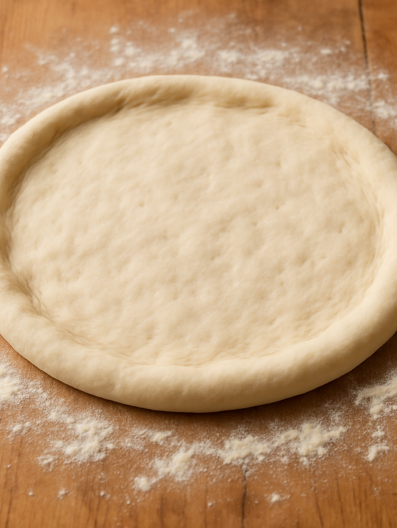 massa básica para pizza caseira aberta em disco sobre superfície enfarinhada, com bordas levantadas e textura elástica