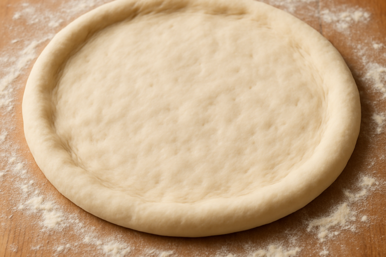 massa básica para pizza caseira aberta em disco sobre superfície enfarinhada, com bordas levantadas e textura elástica