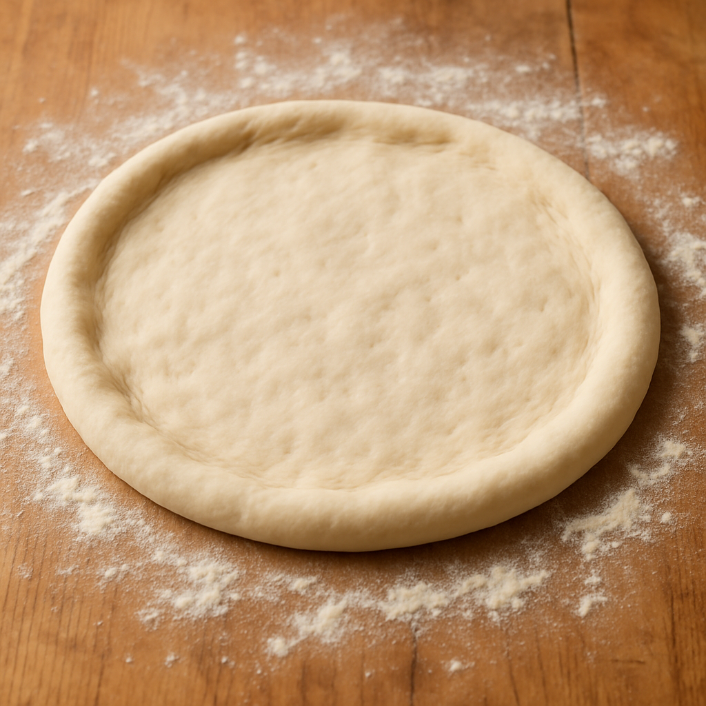 massa básica para pizza caseira aberta em disco sobre superfície enfarinhada, com bordas levantadas e textura elástica