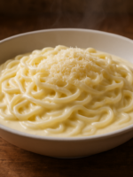 Miojo ao Molho Branco cremoso servido em prato fundo com queijo parmesão ralado por cima