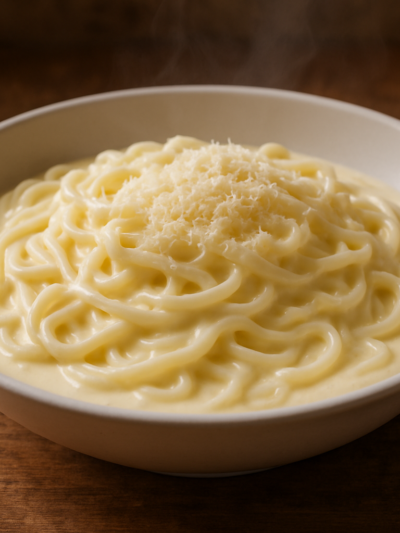 Miojo ao Molho Branco cremoso servido em prato fundo com queijo parmesão ralado por cima