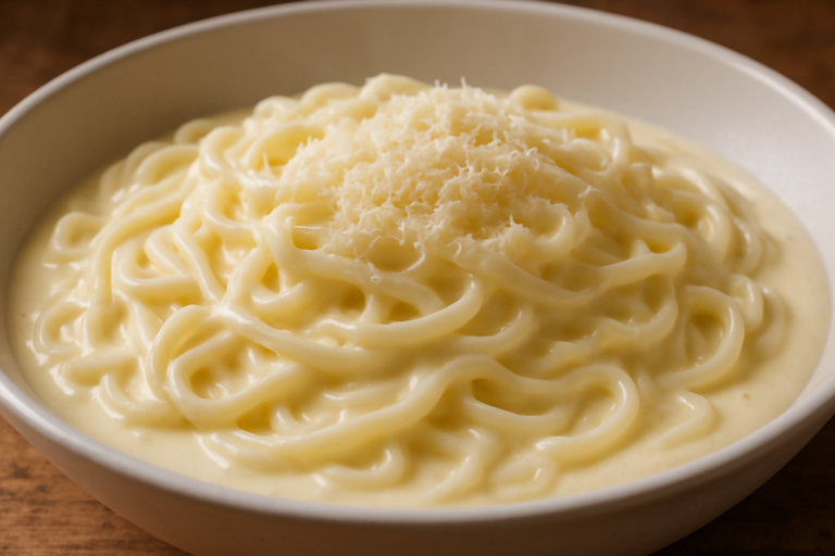 Miojo ao Molho Branco cremoso servido em prato fundo com queijo parmesão ralado por cima