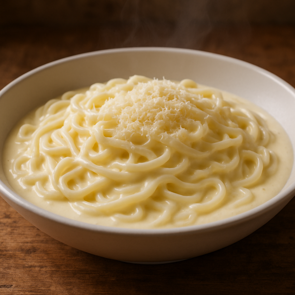 Miojo ao Molho Branco cremoso servido em prato fundo com queijo parmesão ralado por cima