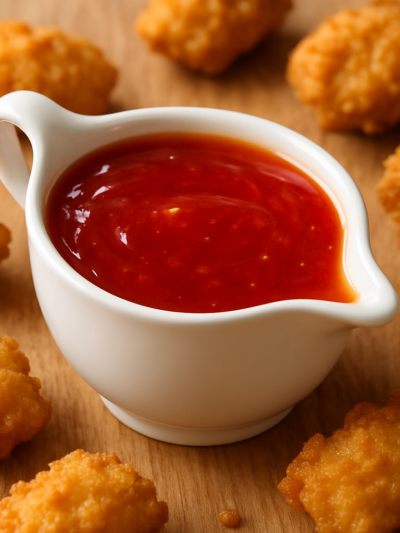 molho agridoce caseiro brilhante em molheira branca com frango empanado ao fundo