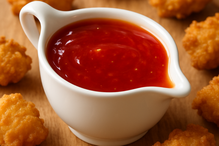 molho agridoce caseiro brilhante em molheira branca com frango empanado ao fundo