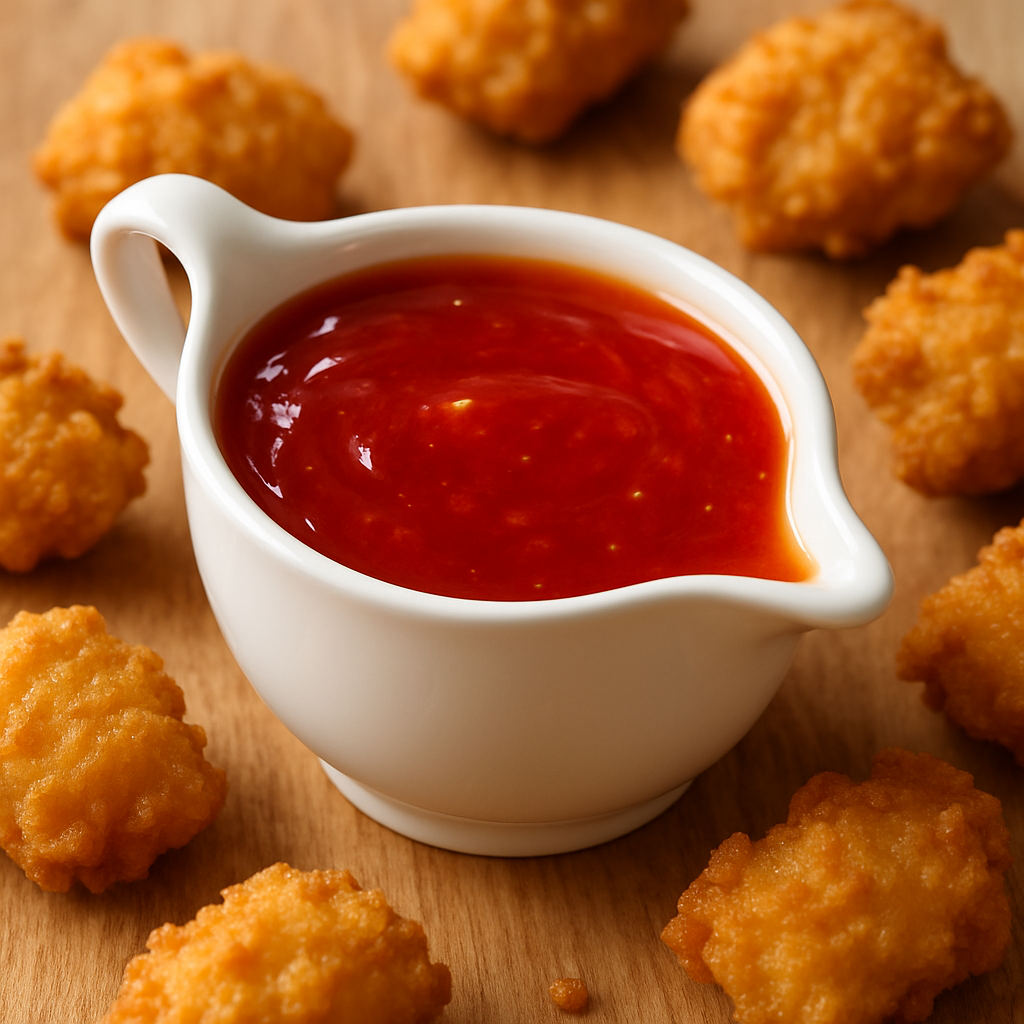 molho agridoce caseiro brilhante em molheira branca com frango empanado ao fundo