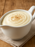 Molho Bechamel cremoso em molheira branca de cerâmica com noz-moscada ralada por cima