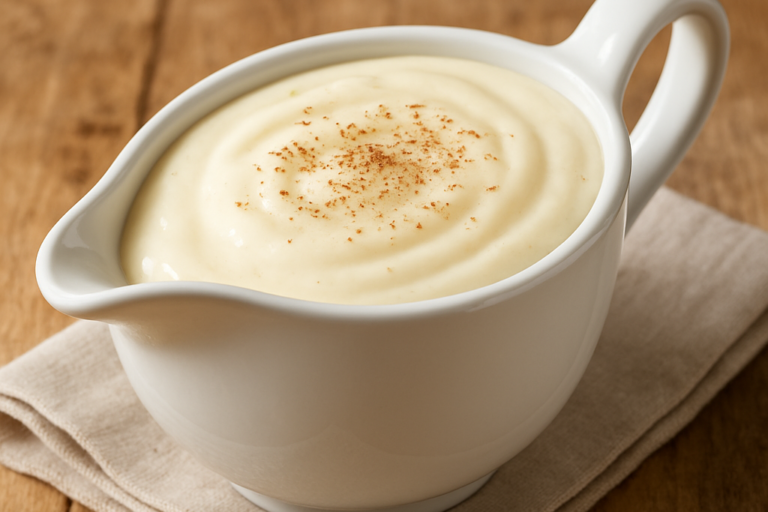 Molho Bechamel cremoso em molheira branca de cerâmica com noz-moscada ralada por cima