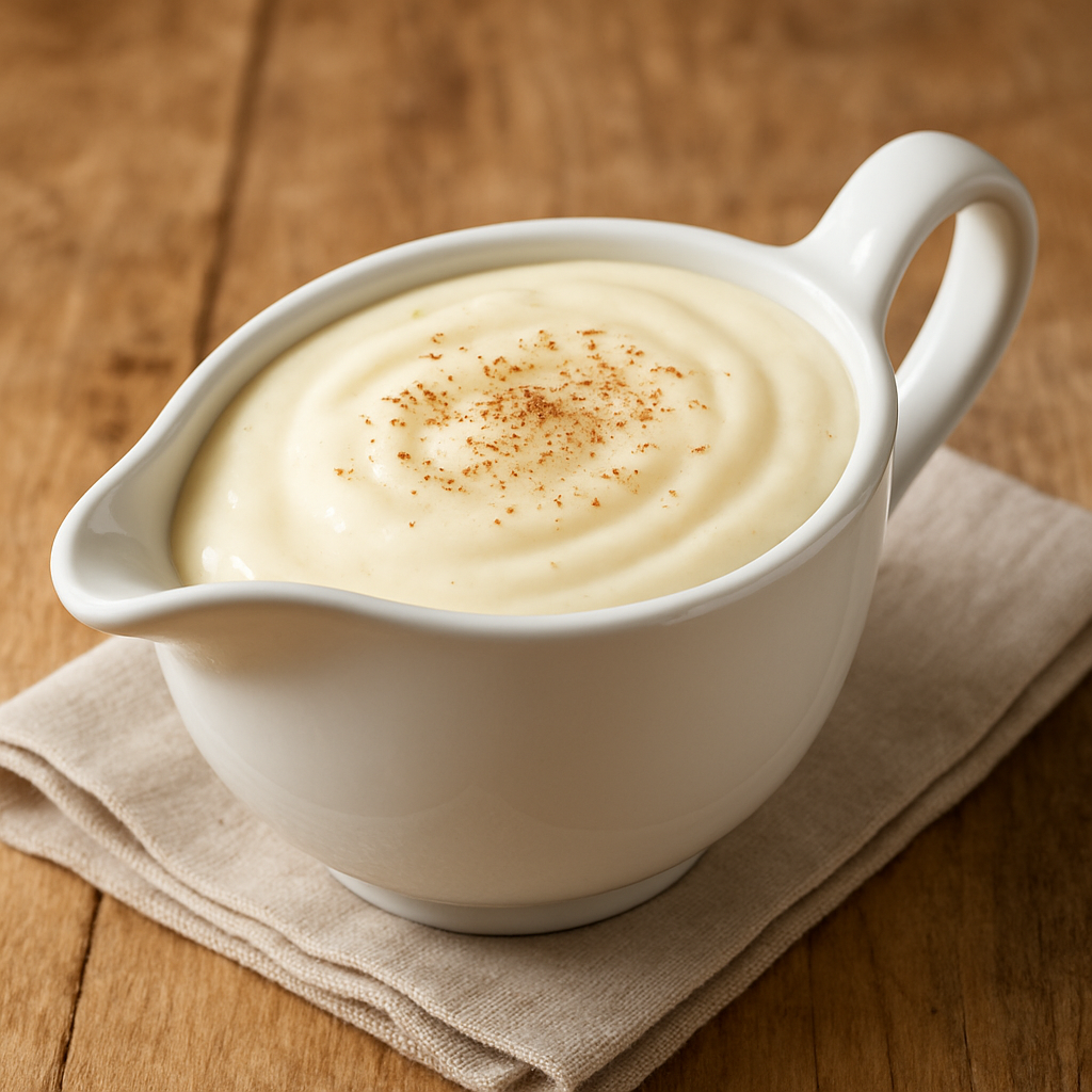 Molho Bechamel cremoso em molheira branca de cerâmica com noz-moscada ralada por cima