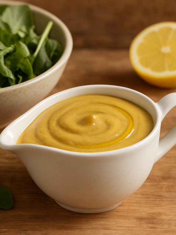 molho de mostarda para saladas cremoso em molheira branca com azeite brilhante na superfície