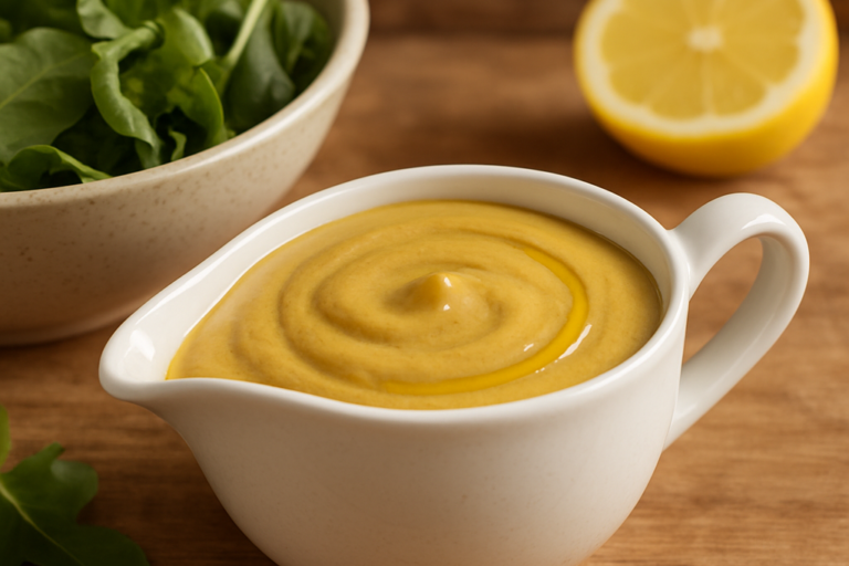molho de mostarda para saladas cremoso em molheira branca com azeite brilhante na superfície