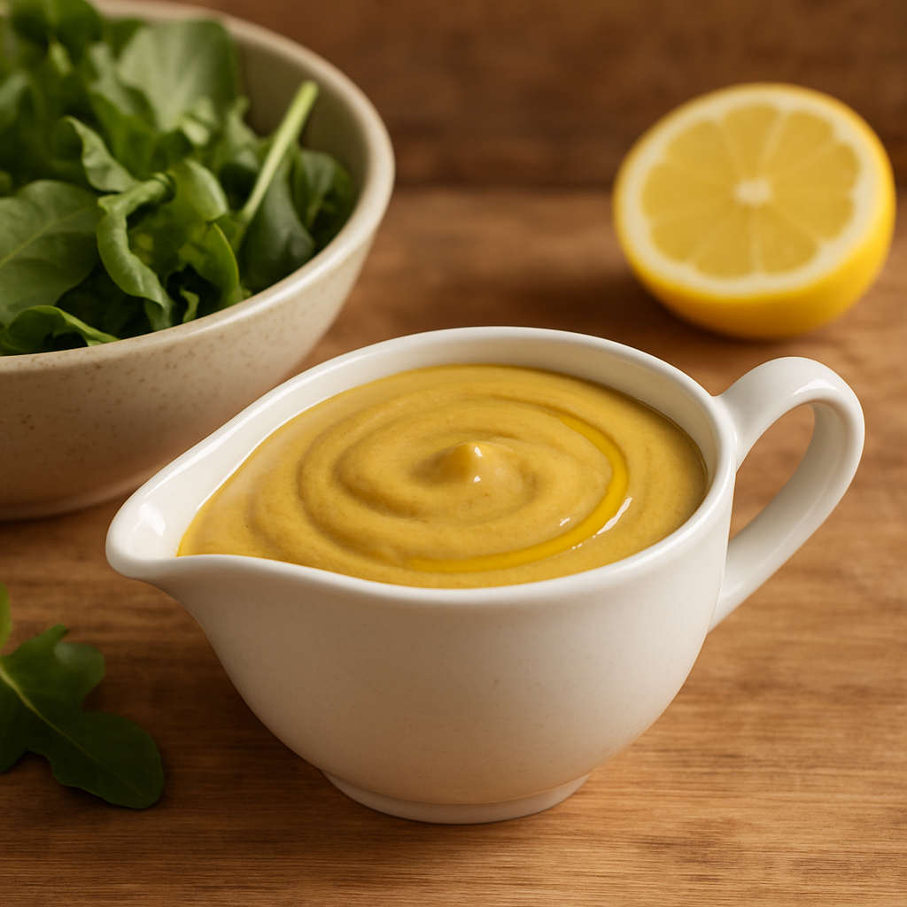 molho de mostarda para saladas cremoso em molheira branca com azeite brilhante na superfície