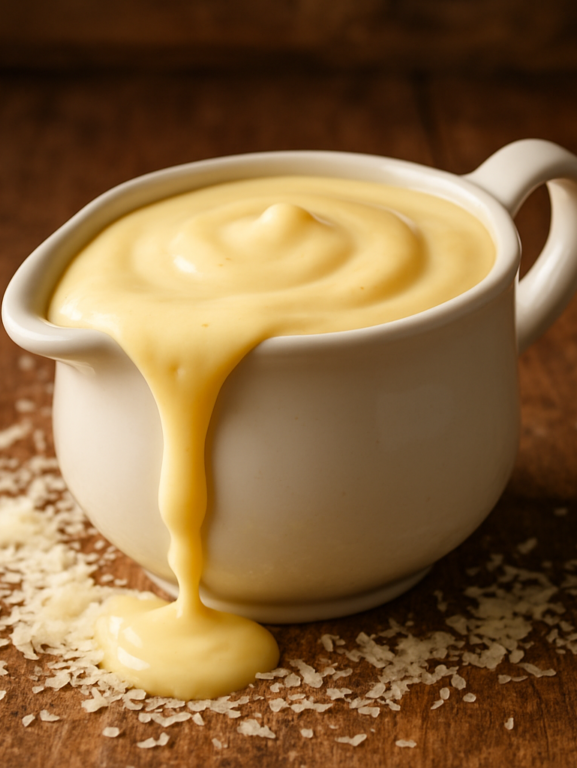 molho de queijo cremoso servido em molheira branca com textura aveludada e queijo derretido