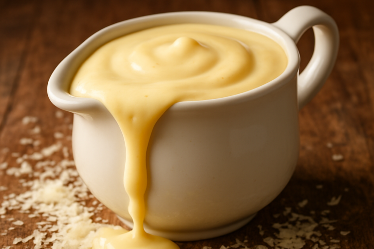molho de queijo cremoso servido em molheira branca com textura aveludada e queijo derretido
