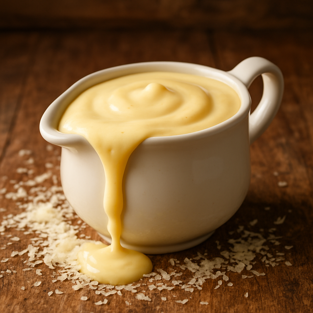 molho de queijo cremoso servido em molheira branca com textura aveludada e queijo derretido