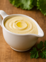 molho de salada cremoso com creme de leite e limão servido em molheira branca de cerâmica