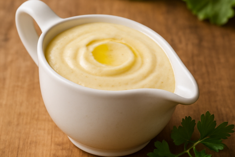 molho de salada cremoso com creme de leite e limão servido em molheira branca de cerâmica