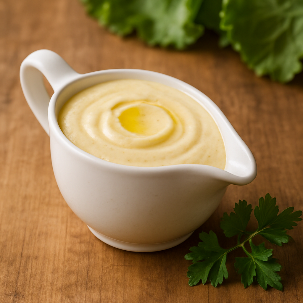 molho de salada cremoso com creme de leite e limão servido em molheira branca de cerâmica