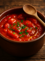 Molho de Tomate da Mama caseiro em panela de barro com salsinha e azeite