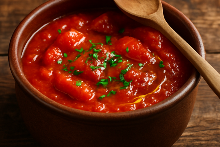 Molho de Tomate da Mama caseiro em panela de barro com salsinha e azeite