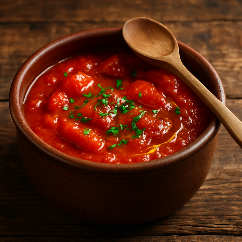 Molho de Tomate da Mama caseiro em panela de barro com salsinha e azeite