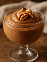 Mousse de nozes cremoso servido em taça de vidro decorado com nozes inteiras