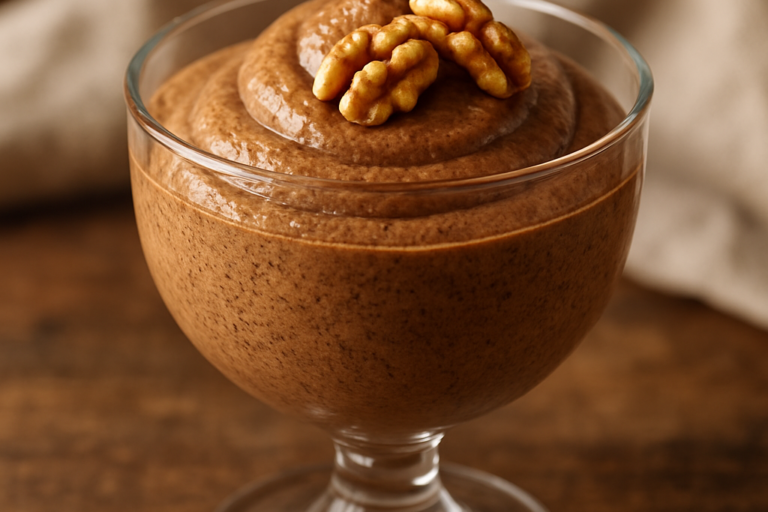 Mousse de nozes cremoso servido em taça de vidro decorado com nozes inteiras