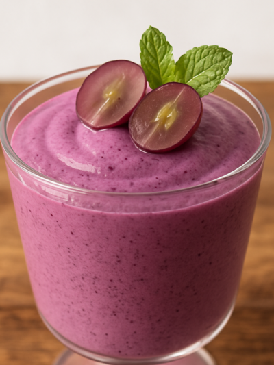 Taça com mousse de uva cremoso de cor roxa decorado com uvas frescas e folha de hortelã