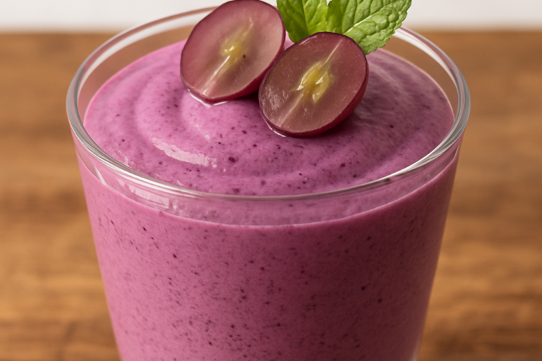 Taça com mousse de uva cremoso de cor roxa decorado com uvas frescas e folha de hortelã