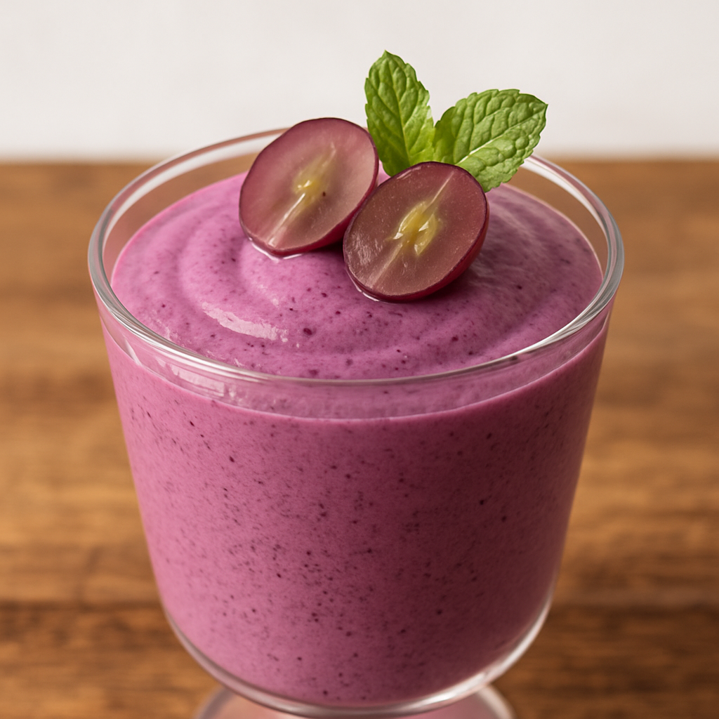 Taça com mousse de uva cremoso de cor roxa decorado com uvas frescas e folha de hortelã