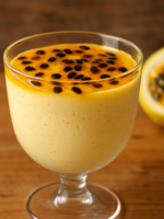 mousse sem açúcar de maracujá em taça de vidro com calda de polpa natural e sementes por cima