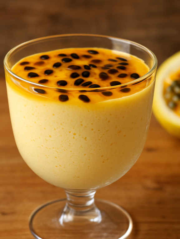 mousse sem açúcar de maracujá em taça de vidro com calda de polpa natural e sementes por cima