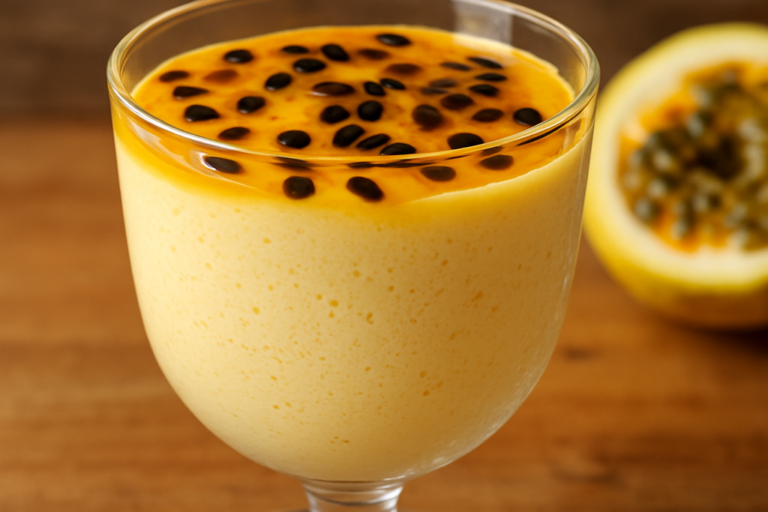 mousse sem açúcar de maracujá em taça de vidro com calda de polpa natural e sementes por cima