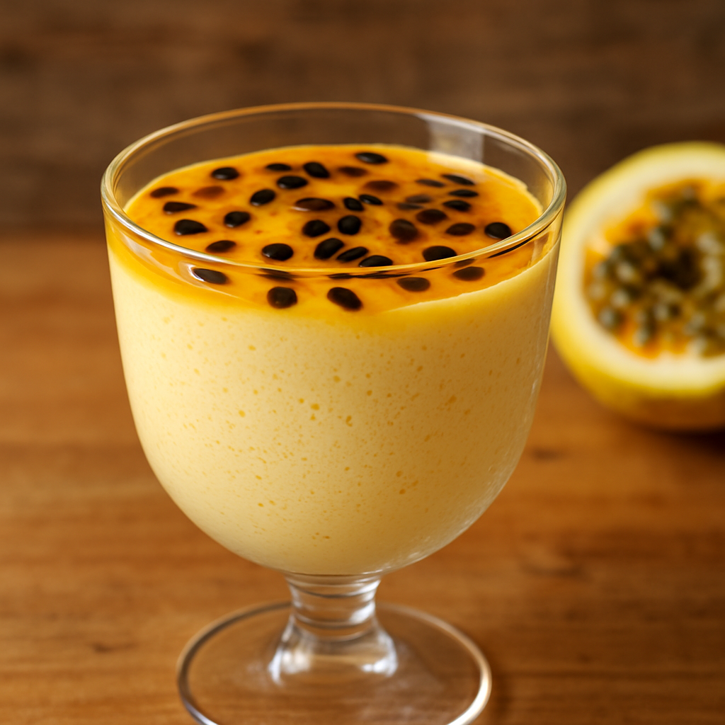 mousse sem açúcar de maracujá em taça de vidro com calda de polpa natural e sementes por cima