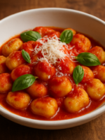 nhoque air fryer dourado com molho de tomate e parmesão em prato de cerâmica branca