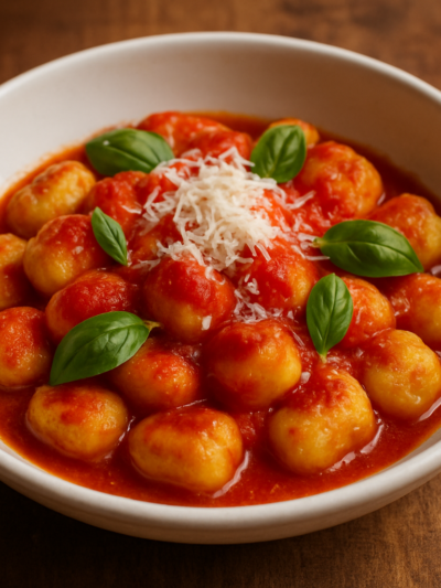nhoque air fryer dourado com molho de tomate e parmesão em prato de cerâmica branca
